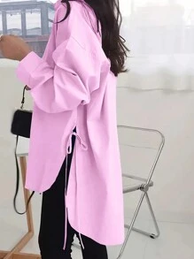 INAWLY Áo sơ mi nữ dài màu trơn đơn giản cao thấp viền - Hồng - Xem 4