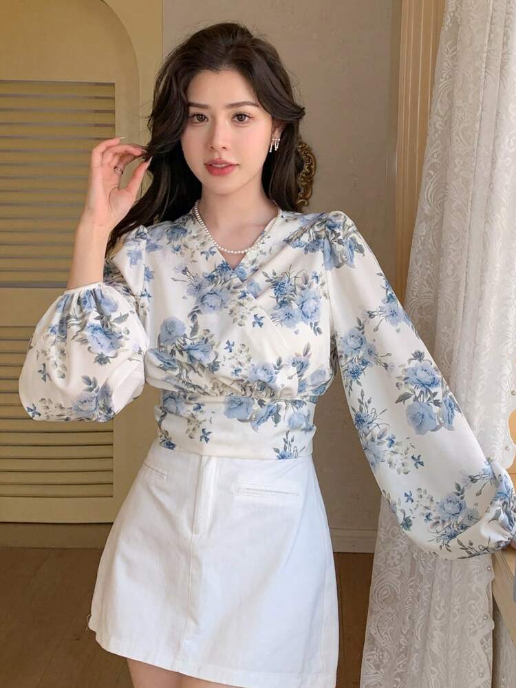 Women Chiffon Floral Printed Long Sleeve V-Neck Shirt,Long Sleeve Tops,Fall Women Clothes Vacation Outfits Women Easter Boho