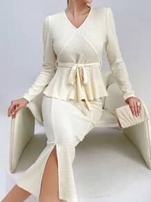 Modelyn Mujeres elegantes y encantadoras camisa de manga larga con cuello en V ajustada y falda con abertura lateral para la primavera y el verano