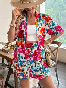SHEIN Pregnant Women Vacation Style Colorful Printed Shirt And Shorts Set For Maternity
