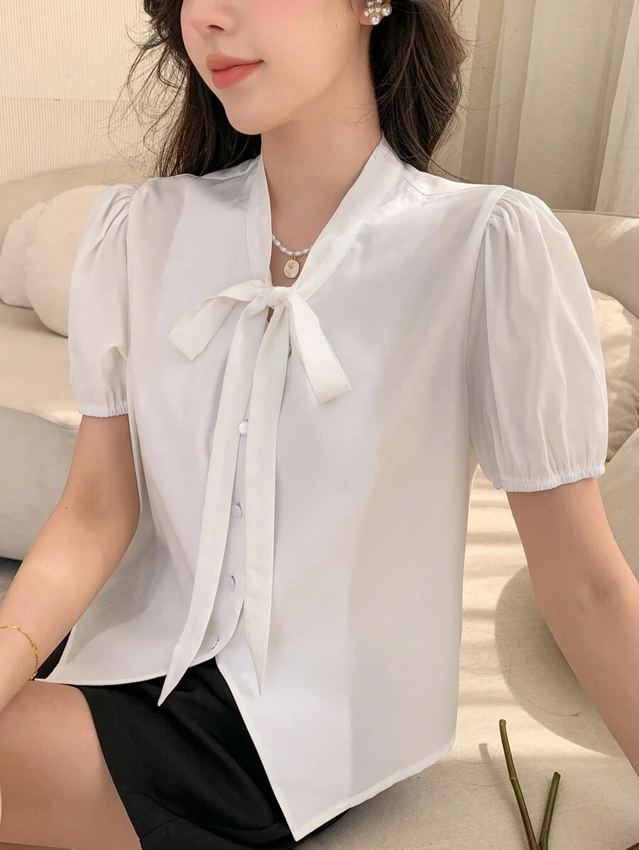 DAZY Women Bubble Sleeve Summer Shirt With Front Knot Design - White - View 1