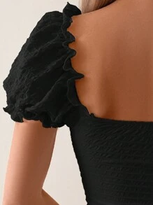 SHEIN Swim 女士純色中空連體泳衣，泡泡袖款式 - 黑色 - 查看 4