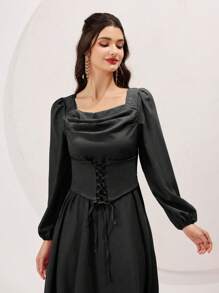 Modelyn Ladies Solid Color Spring/Summer Long Sleeve Dress With Square Neckline, Waistband And Pleat Details - Black - View 4