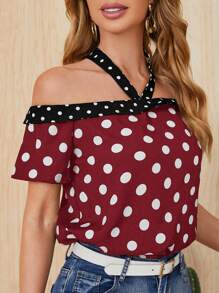 SHEIN Clasi Women Color Block Vintage Polka Dot Print Halter Casual Summer Shirt - Red and White - View 3