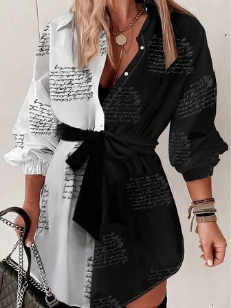 Women's Colorblock Mixed Slogan Print Shirt Dress, Music Festival Outfit