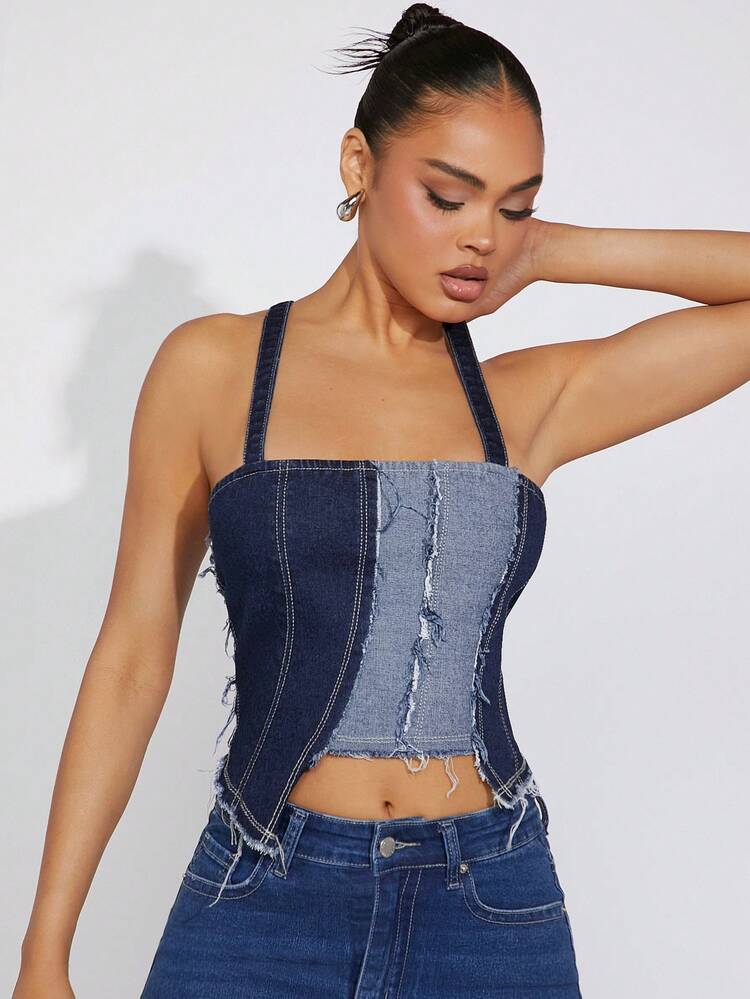 Asymmetric Colorblock Crop Denim Top