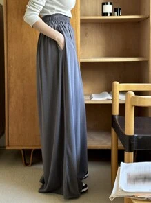 DAZY Women Solid Color Ultra-Loose Long Wide-Leg Pants With Flared Hem - Dark Grey - View 4