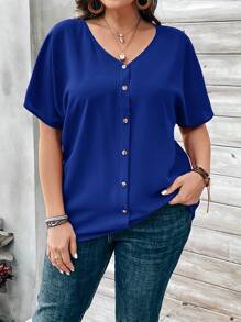 EMERY ROSE Plus Size Women's Orange Button Embellished Short Sleeve Shirt For Spring - Royal Blue - View 3