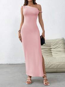 Firerie Women's Watercolor Floral Print Slim Fit Knit Ruched Dress With Asymmetrical Shoulder Straps, Side Slit, In Blue & Pink, Suitable For Elegant And Casual Occasions Or Holidays Long Bodycon Dress - Pink - View 4