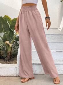 EMERY ROSE Wide Leg Pants With Ruffled Elastic Waist And Flower Gauze Fabric - Pink - View 4