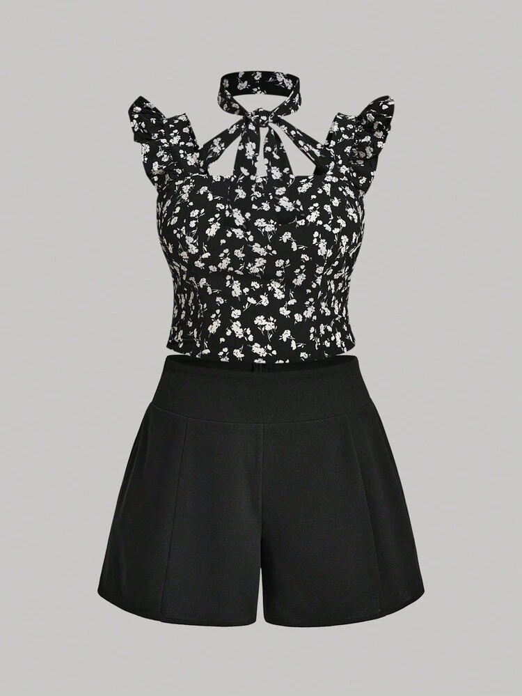 Plus Size Women Summer Floral Print Halterneck Tie Front Flutter Sleeve Top And Shorts Set