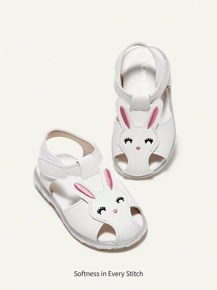 Cozy Pixies 1 Par De Sandalias Con Correa Decorativa De Conejo Bordadas A La Moda Y Bonitas Para Bebés/niñas Pequeñas Con Cierre De Gancho Y Bucle, Blanco