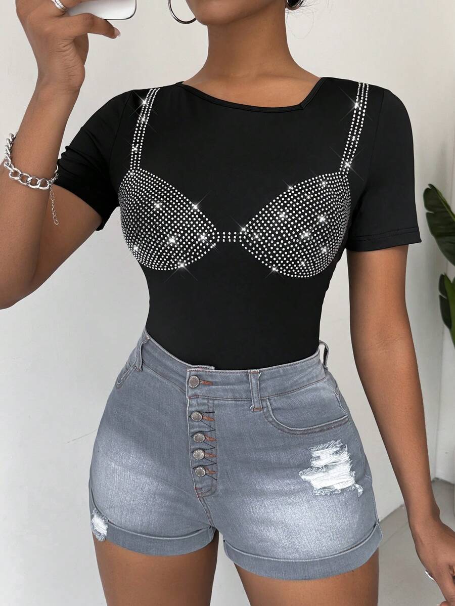 SHEIN Lady Women Fashion Short Sleeve T-Shirt (Craft Rhinestone Style)