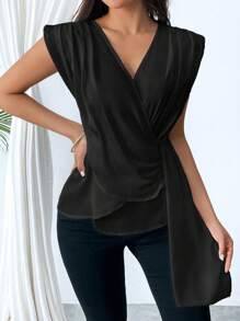 SHEIN Privé Mujeres Verano V-Cuello con volantes Dobladillo asimétrico Cinta elegante y ajustado para trabajar - Negro - Ver 5