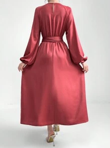 Modelyn 優雅的圓領簡約褶裥長袖腰帶連身裙 - 粉色 - 查看 2