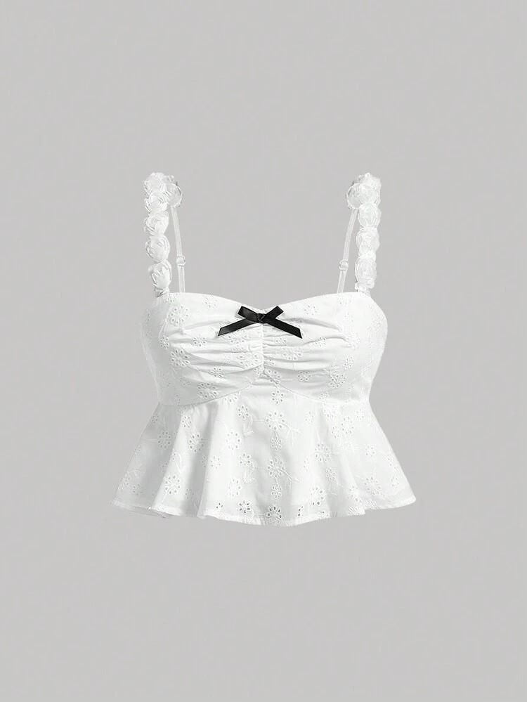Summer Holiday Dating Floral Applique Bowknot Decorated Halter Top With Ruffle Hem