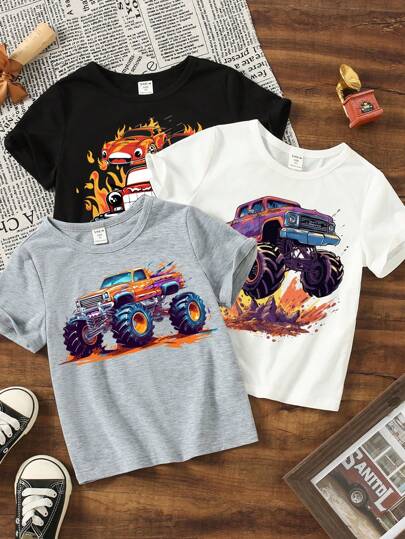 SHEIN Monster And Best Tracks T-Shirt Combo, 3pcs/Set, Suitable For Summer. Young Boy Casual And Simple Round Neck Short Sleeve T-Shirt.
