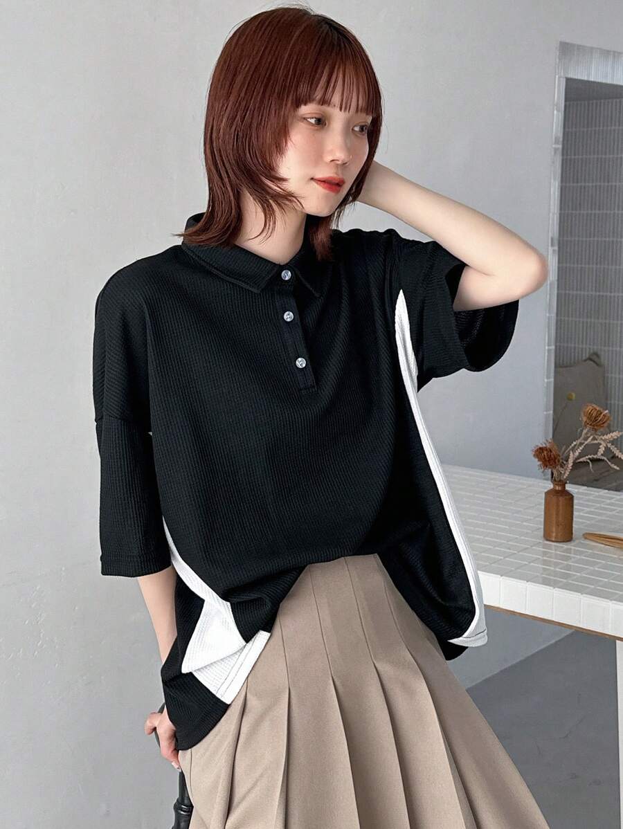 FRIFUL 女士純色休閒下垂肩譫肩短袖套衫，撞色領短袖T恤，春夏季 - 黑色 - 查看 1