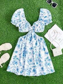 SHEIN VCAY Kỳ nghỉ Phụ nữ Mùa hè In hoa Người yêu Cổ ngắn Tay phồng Eo Cut-Out Váy bong bóng - Xanh và trắng - Xem 1