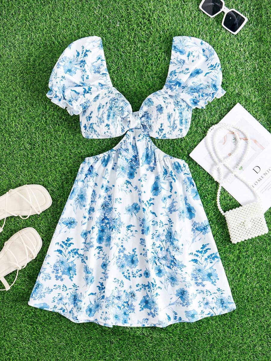 SHEIN VCAY Kỳ nghỉ Phụ nữ Mùa hè In hoa Người yêu Cổ ngắn Tay phồng Eo Cut-Out Váy bong bóng - Xanh và trắng - Xem 1