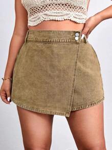 SHEIN Essnce 大尺碼女性休閒不對稱搭扣牛仔裙短褲 - 卡其色 - 查看 3