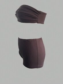 INAWLY Women's Simple Plain Sexy Strapless Top & Shorts Set - Coffee Brown - View 7