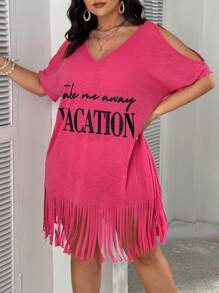 SHEIN VCAY Damen Große Größen Boho Sommer Kleid mit Slogan Aufdruck, V-Ausschnitt und Fransensaum für Strand Urlaub