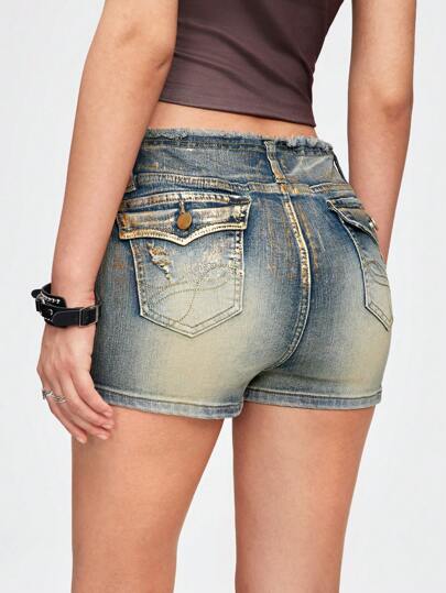 Grunge Punk Gewaschene Zerrissene Ausgefranste Jeansshorts Mit Schrägen Taschen