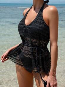 SHEIN Swim Mesh Hollow Out Halter Neck Beach Tankini Set For Summer - Black - View 1
