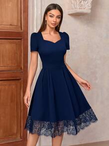 MIUSOL Sweetheart Neck Puff Sleeve Contrast Lace Dress - Navy Blue - View 4
