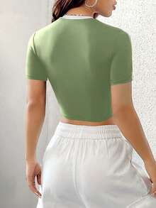 SHEIN Unity T-shirt en V de style sportif pour femmes - Vert olive - Voir 2