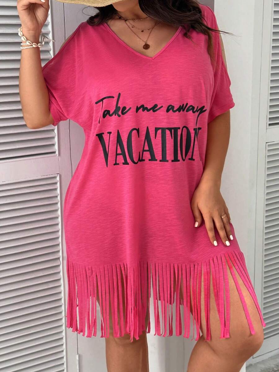 SHEIN VCAY Damen Große Größen Boho Sommer Kleid mit Slogan Aufdruck, V-Ausschnitt und Fransensaum für Strand Urlaub