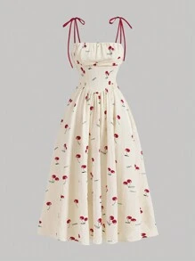 SHEIN MOD 女士櫻桃印花長款肩帶連身裙 - 彩色 - 查看 1
