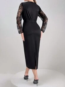 Modelyn Ladies Round Neck Long-Sleeved Bodycon Dress With Contrast Lace For Elegant And Graceful Elegant In Spring And Summer - Black - View 2