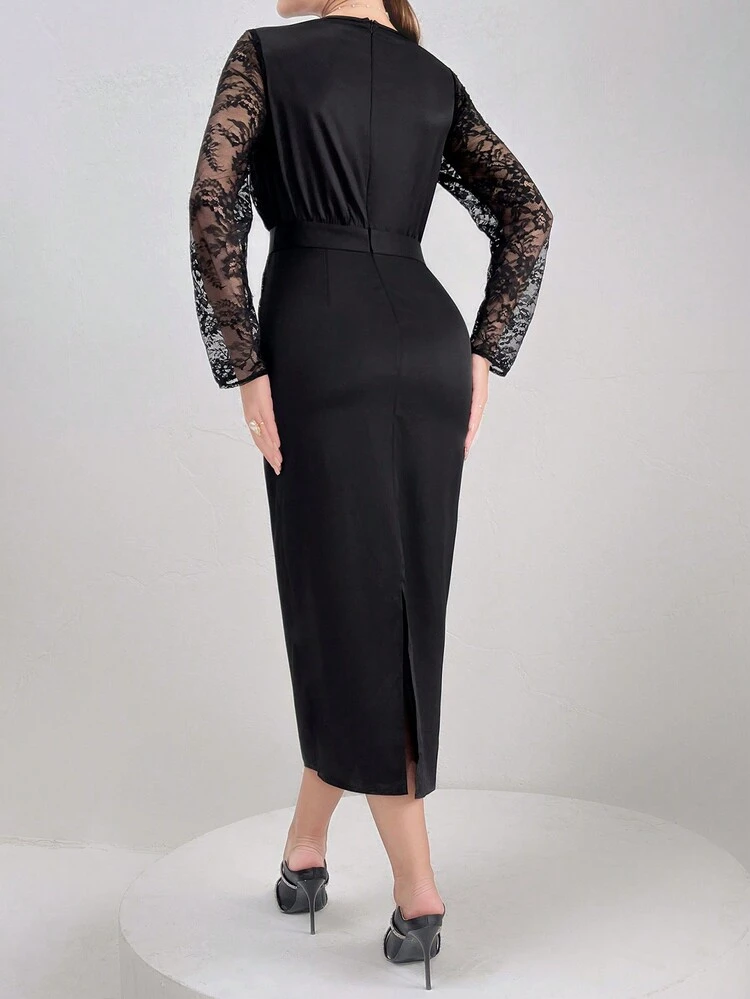 Ladies Round Neck Long-Sleeved Bodycon Dress With Contrast Lace For Elegant And Graceful Elegant In Spring And Summer