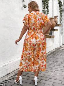 SHEIN Holidaya Plus Size In hoa thắt lưng cài cúc lên tay cánh dơi Váy sơ mi mùa hè - trái cam - Xem 2