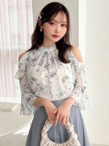 FRIFUL Women Cold-Shoulder Pleated Floral Print Shirt For Summer,Ruffle