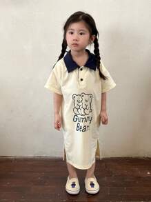 SHEIN Genkimix Kids Đầm ngắn tay cổ polo mùa hè cho bé gái có in chữ hình chú gấu hoạt hình, thiết kế khối màu, thích hợp cho trang phục đi du lịch mùa hè và đi học - Màu be - Xem 6
