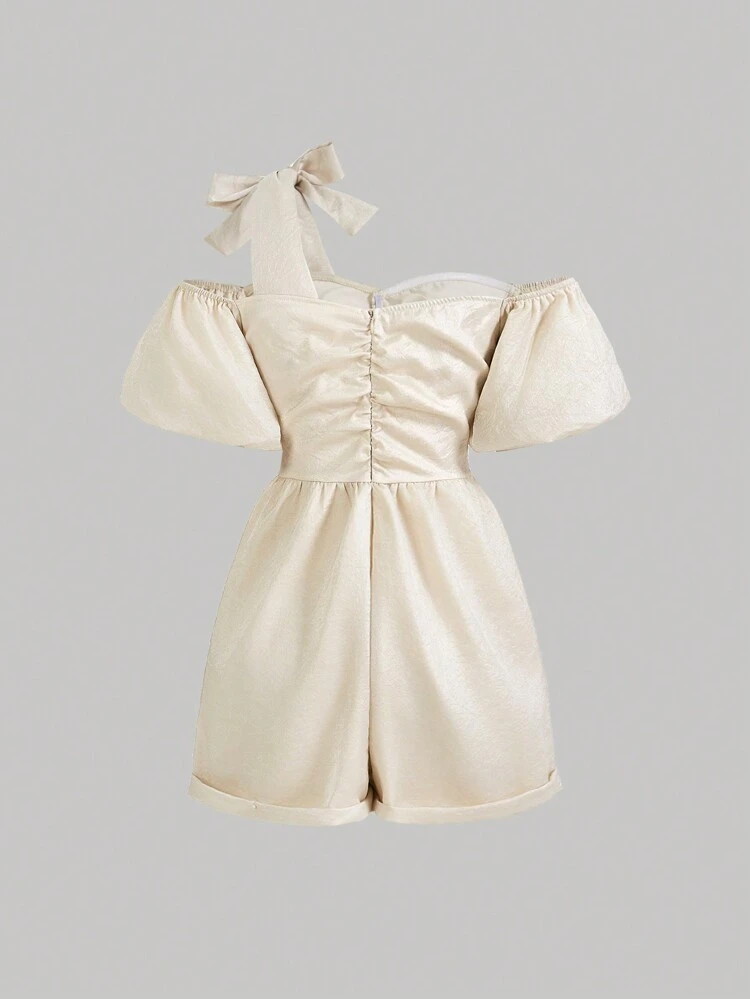 Summer Soft Puff Sleeve Off Shoulder Back Zip Solid Color Women Jumpsuit