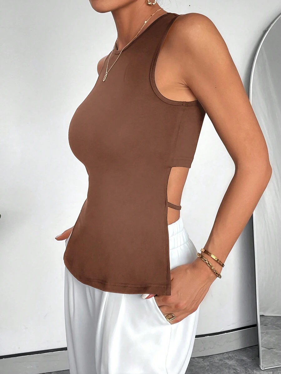 SHEIN Essnce 女士圓領無背純色休閒沙灘裝上衣，適用於外出 - 駝色 - 查看 1