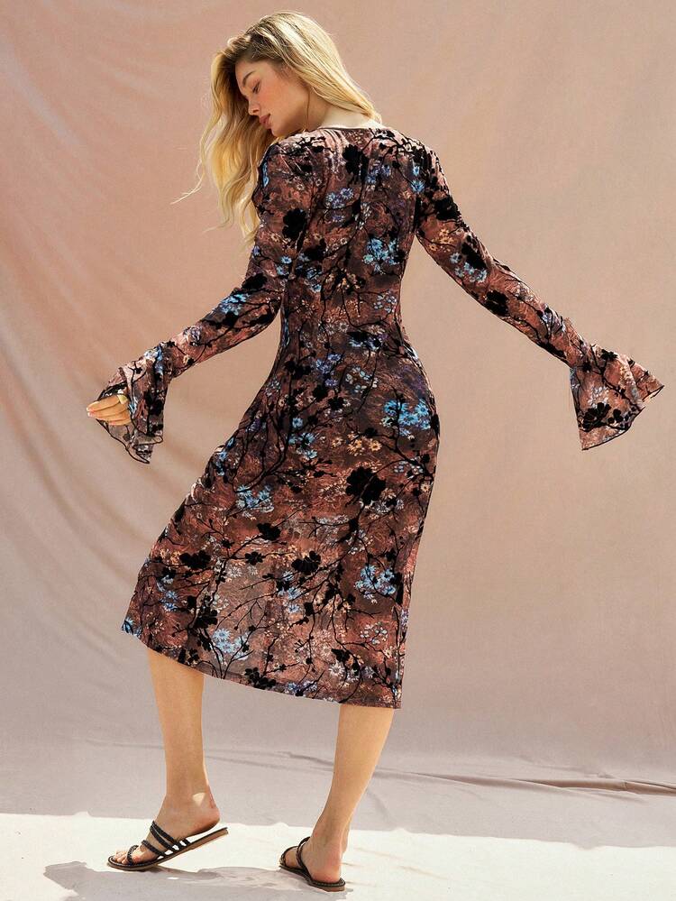 Boho  Multi-Colored Pattern V-Neck Long Sleeve Women Dress