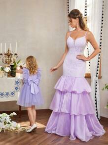 SHEIN Belle Elegante vestido ajustado con diseño de Body de sirena en estilo princesa con copa de pecho con tirantes spaghetti de tela de organza de encaje púrpura y ribetes de volantes de triple capa en el dobladillo y tirantes spaghetti para ocasiones formales de noche adecuado para ropa para padres e hijos para actividades de padres e hijos temporada de bodas temporada de graduación Día de la Madre festival de música fiesta formal de damas vestido de noche prom