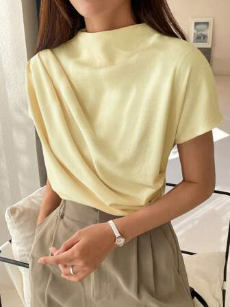 DAZY Women Summer Solid Color Pleated Stand Collar Short Sleeve Casual T-Shirt