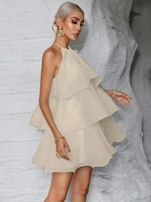 Firerie Wedding Dress Guest Layer Hem Halter Neck White Dress