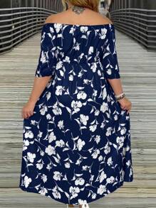 SHEIN Clasi Plus Size Women's Floral Print Off Shoulder Dress With Pockets Maxi Women Outfit - Navy Blue - View 2