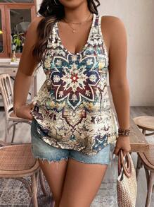 EMERY ROSE Plus Size Full Printed V-Neck Loose Vacation Casual Tank Top For Summer - Khaki - View 4