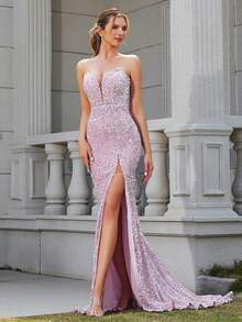 LOVE&LEMONADE Women's Glamorous Side Slit Sequin Mermaid Dress - Pink - View 4