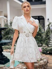 Simplee 女士短款提花泡泡袖梭织连衣裙，配腰带，适合派对、返校、生日等场合，夏季穿着