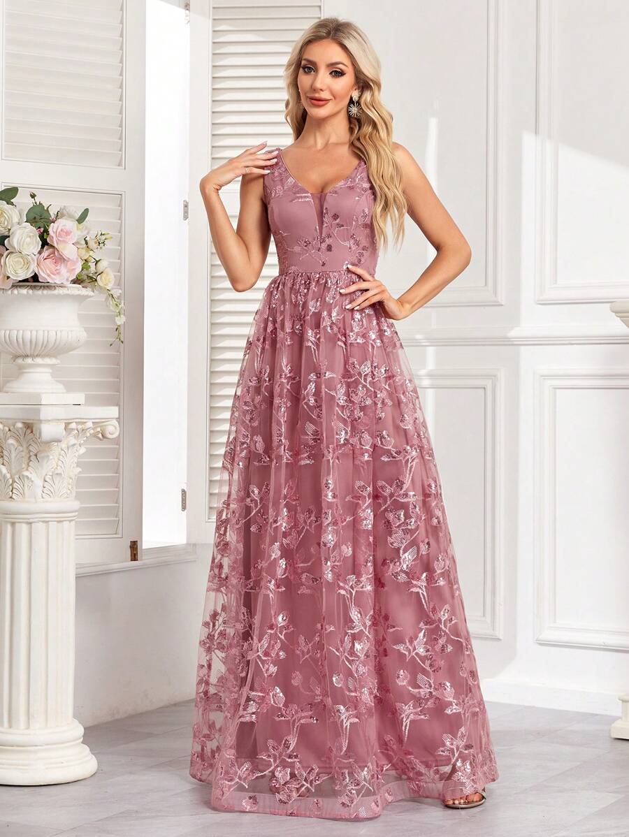 Đầm dạ hội không tay đính sequin và thêu, đầm dạ hội trang trọng, đầm thanh lịch dành cho nữ, thích hợp cho các buổi dạ tiệc, đám cưới, lễ tốt nghiệp, tiệc gala và các dịp khác. - Bụi hồng - Xem 1