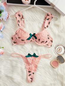 Women's Lace Splicing Mesh Underwire Bra And Thong Set, Lingerie - Pink - View 3